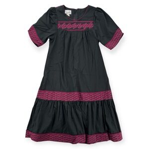 Vintage Karyl Kaye Muumuu Dress Womens Small Hawaiian Black Deco Knee Midi